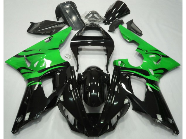 Black Flame & Green 2000-2001 Yamaha R1 Fairings Factory Black Flame & Green 2000-2001 Yamaha R1 Fairings Factory