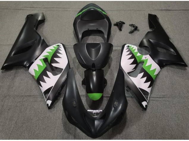 Matte Black and Green Shark 2005-2006 Kawasaki ZX6R Fairings Factory Matte Black and Green Shark 2005-2006 Kawasaki ZX6R Fairings Factory