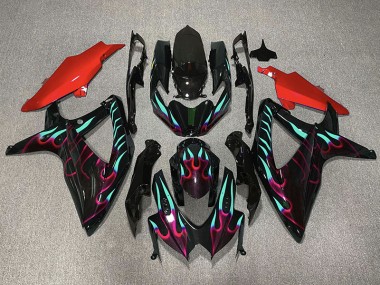Red and Cyan Flame 2008-2010 Suzuki GSXR 600-750 Fairings Factory