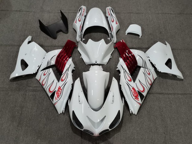 White Red Flame 2006-2011 Kawasaki ZX14R Fairings Factory White Red Flame 2006-2011 Kawasaki ZX14R Fairings Factory